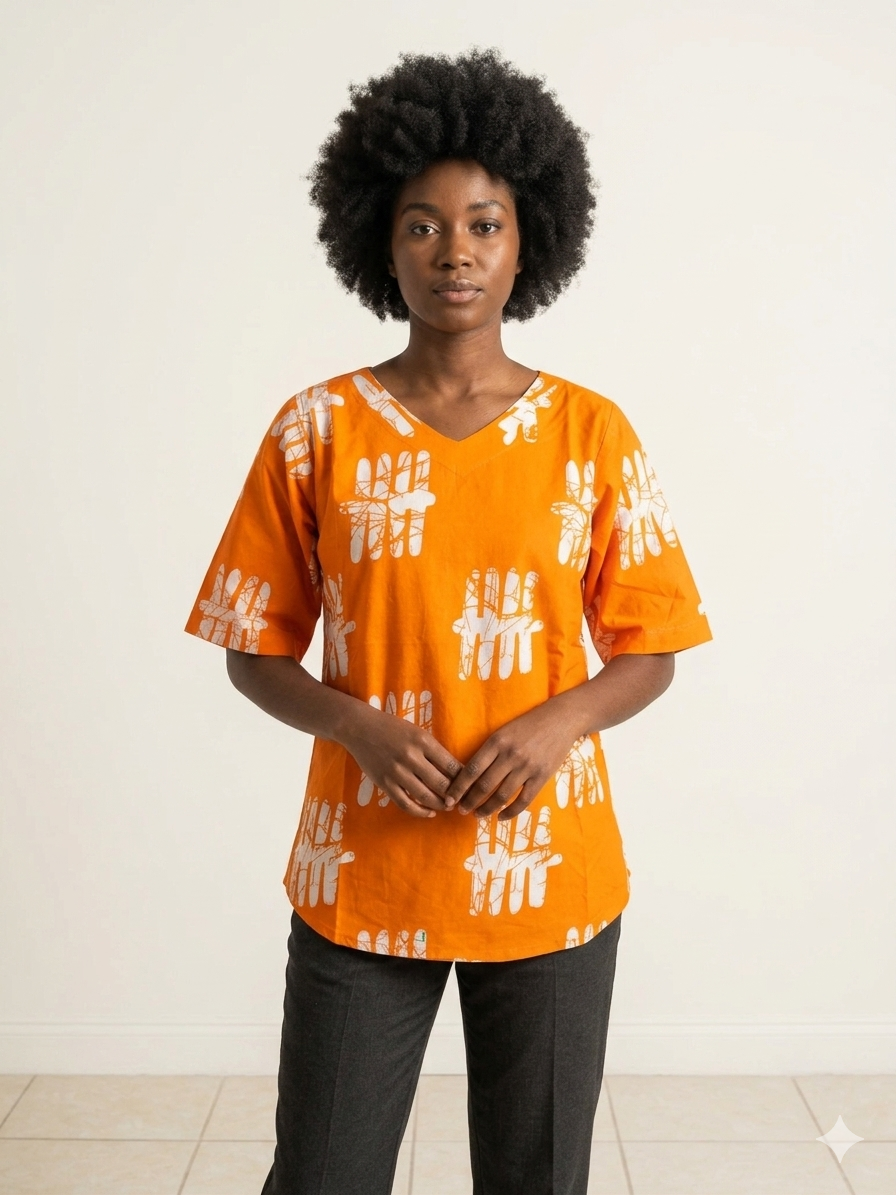 Women's Orange Ankara Print V-Neck Top