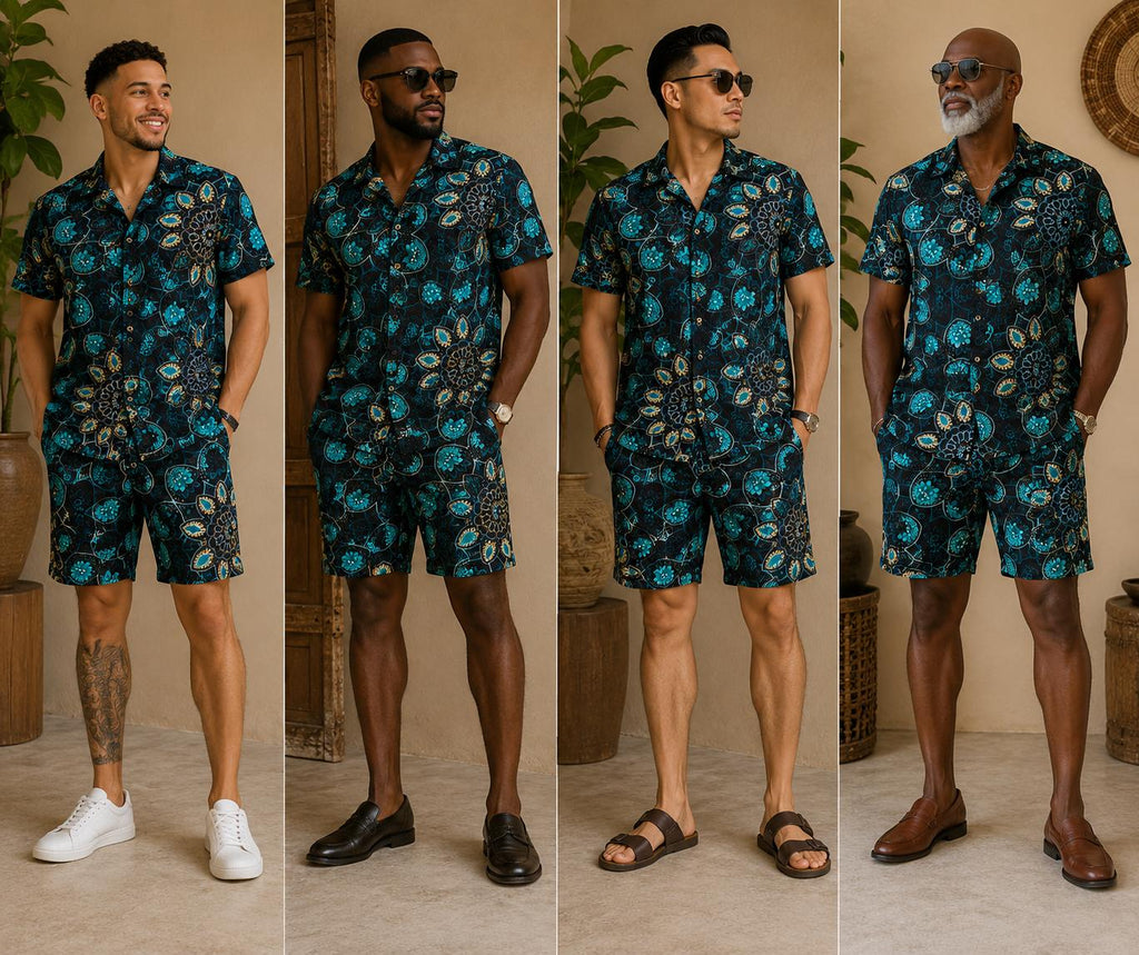 Men's Teal & Black Mandala Print Ankara Short Set