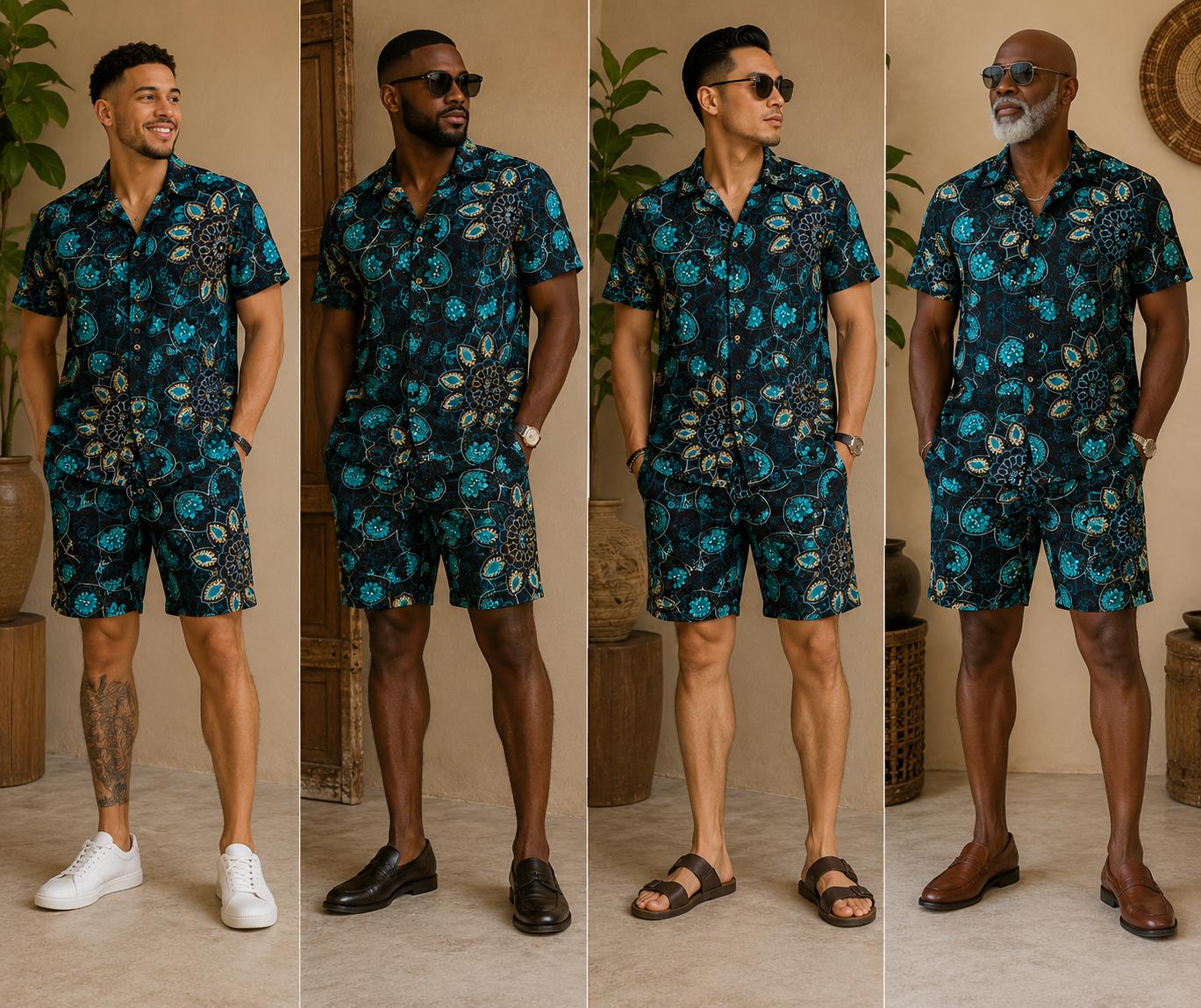 Men's Teal & Black Mandala Print Ankara Short Set