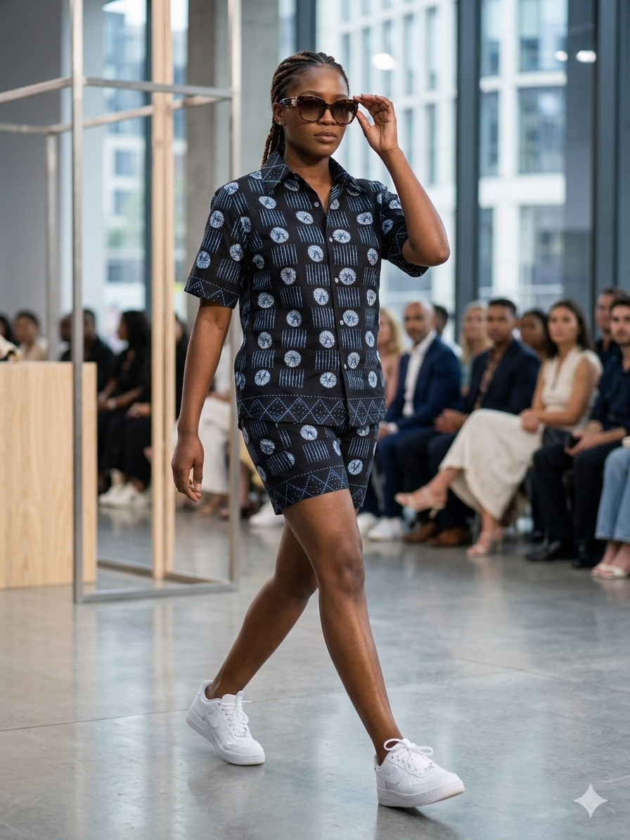 Ankara Navy Bogolan Circle Print Women's Shorts and Top Set