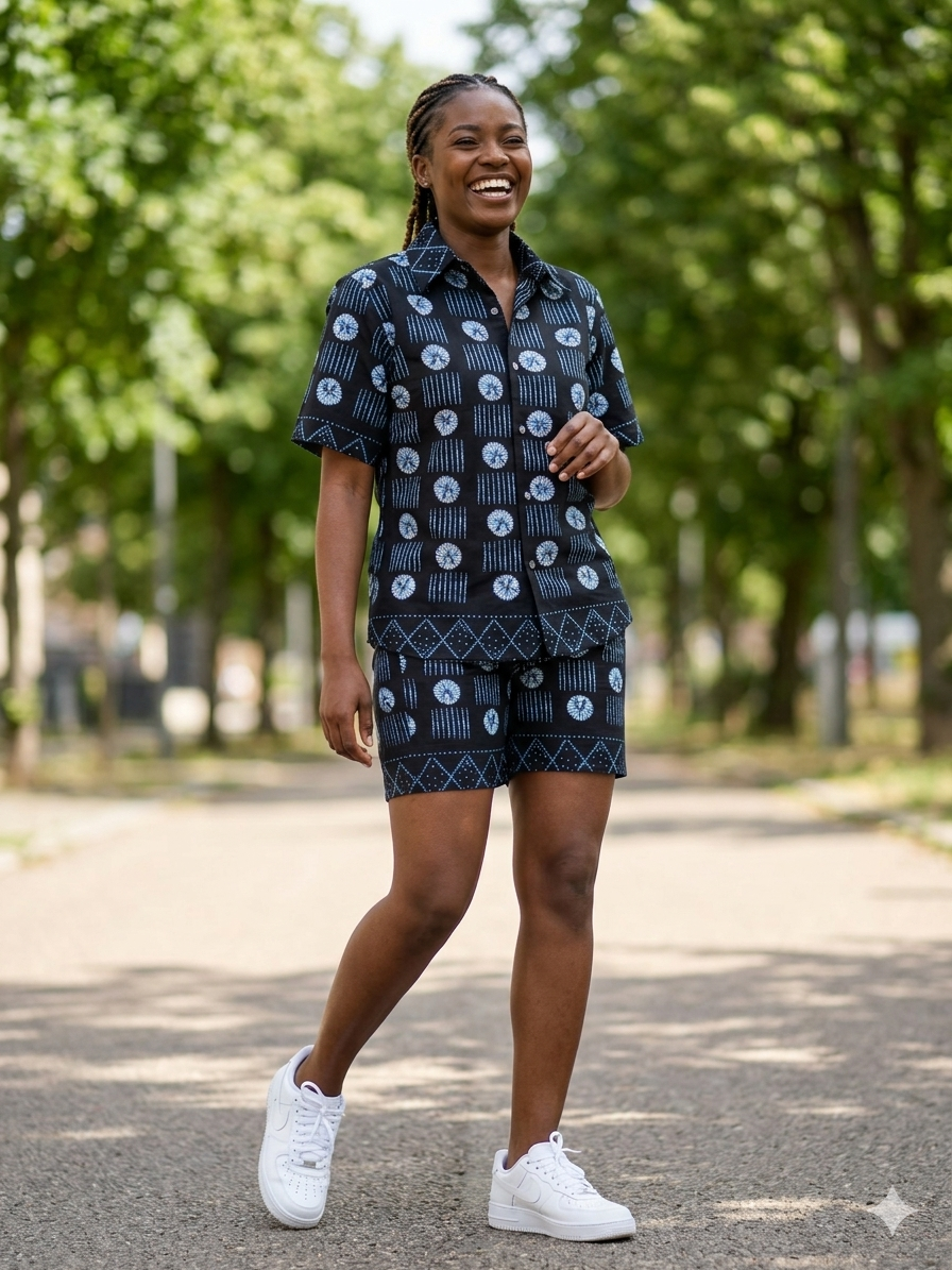 Ankara Navy Bogolan Circle Print Women's Shorts and Top Set