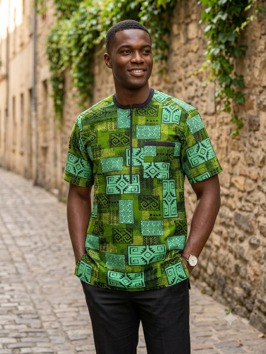 Man wearing Ankara geometric patchwork short sleeve top in forest green and mint