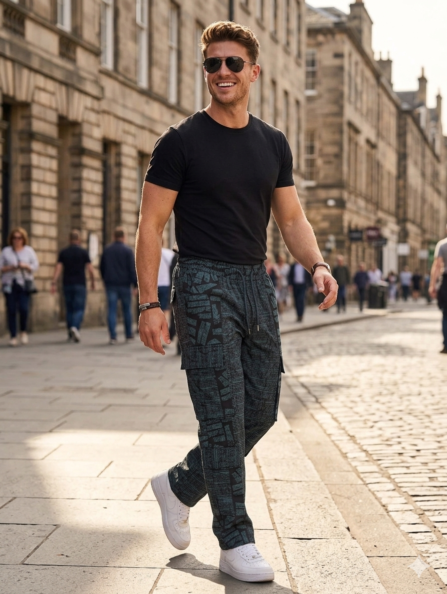 Ankara Burnt Blue Mosaic Block Print Men's Cargo Pants