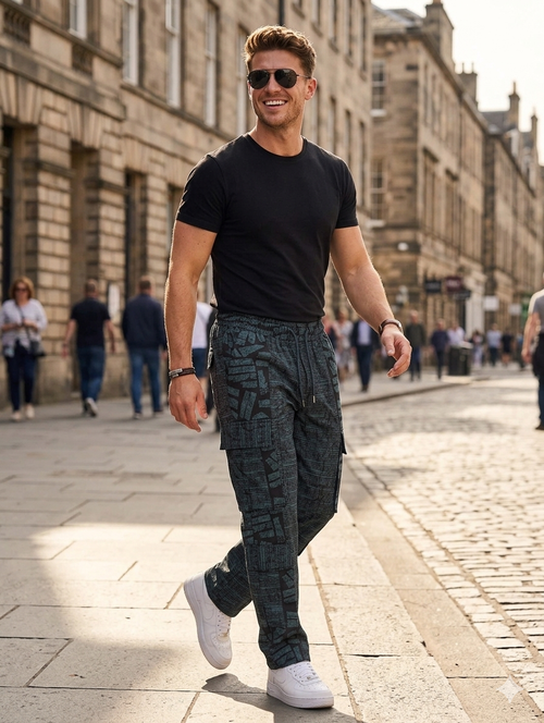 Ankara Burnt Blue Mosaic Block Print Men's Cargo Pants