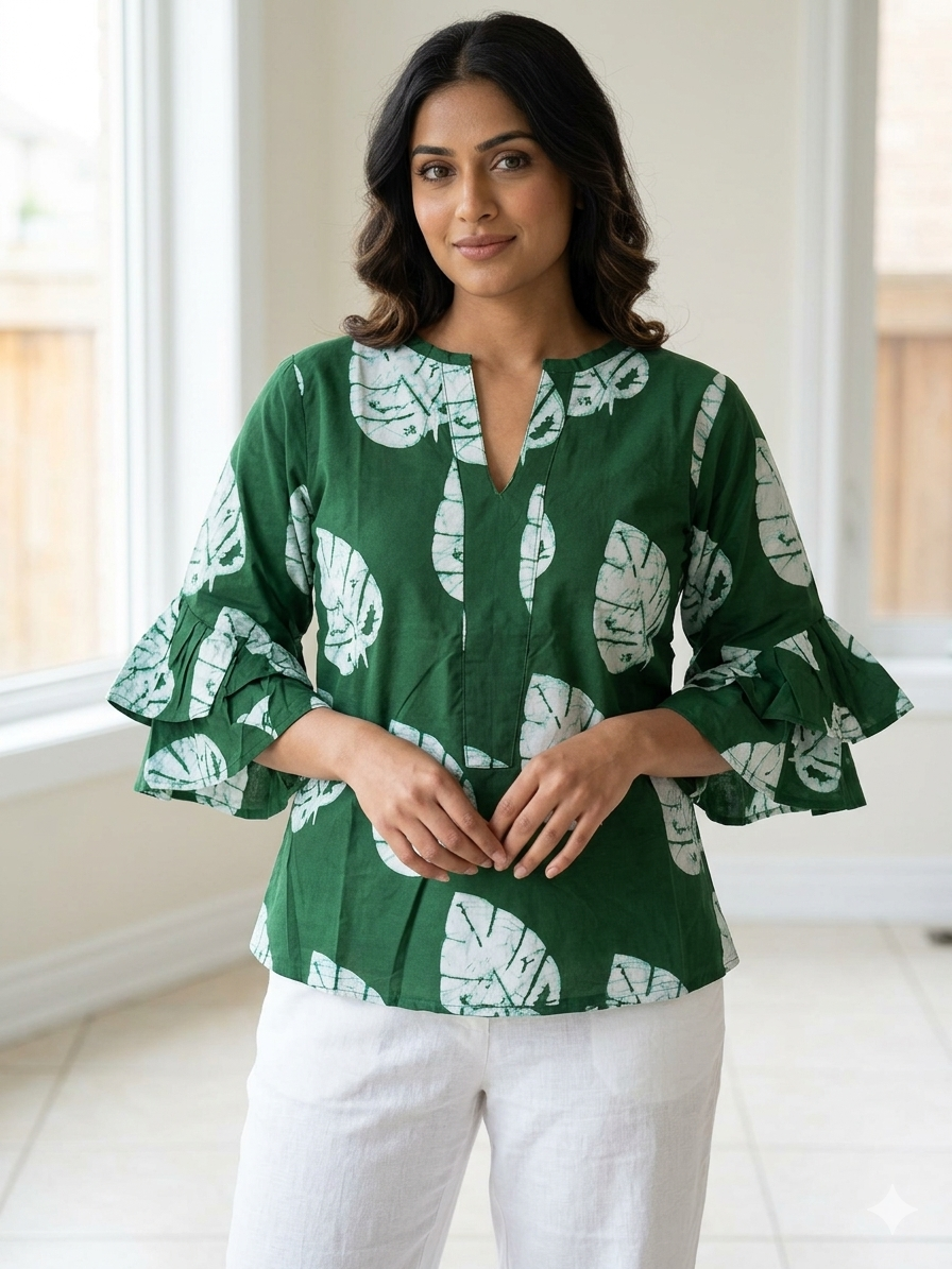 Women's Ankara Leaf Print Ruffle Sleeve Blouse – Forest Green