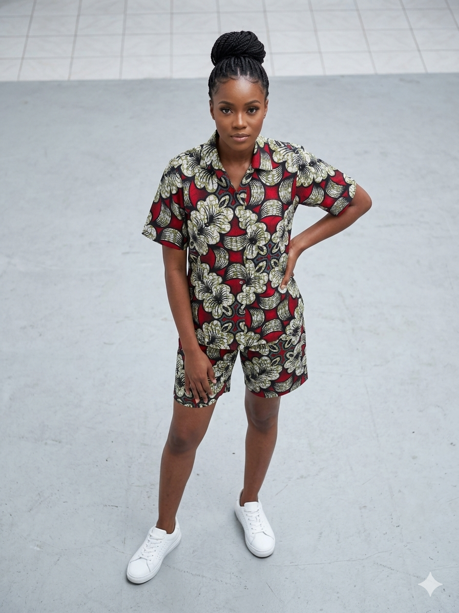 Ankara Crimson Hibiscus Print Women's Shorts and Top Set