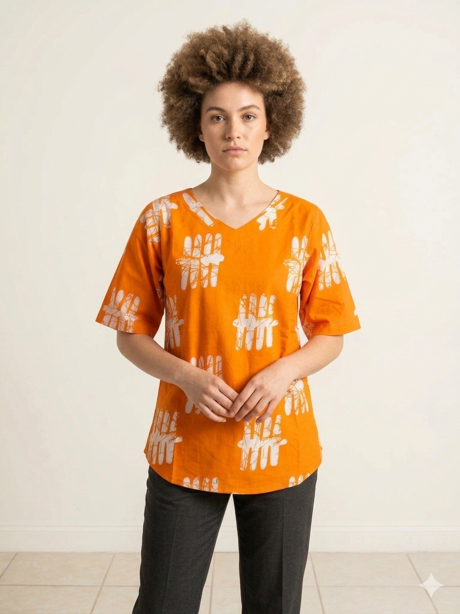 Women's Orange Ankara Print V-Neck Top