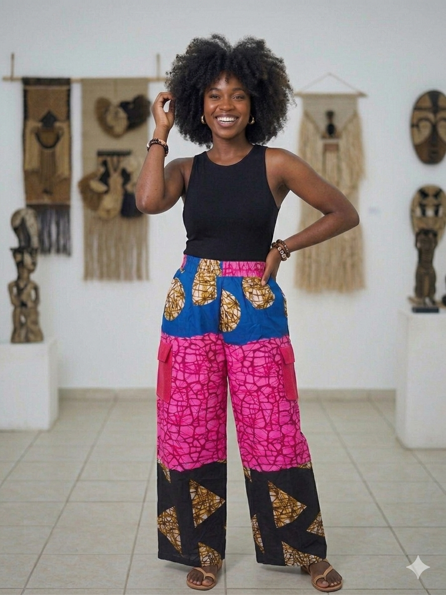 Women's Ankara Patchwork Wide-Leg Cargo Pants