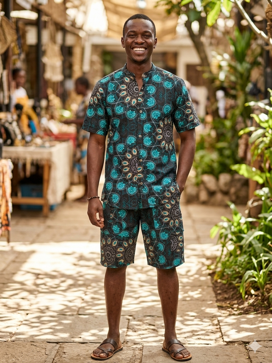 Men's Teal & Black Mandala Print Ankara Short Set