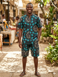 Men's Teal & Black Mandala Print Ankara Short Set