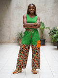 Women's Green & Orange Ankara Patchwork Wide-Leg Cargo Pants