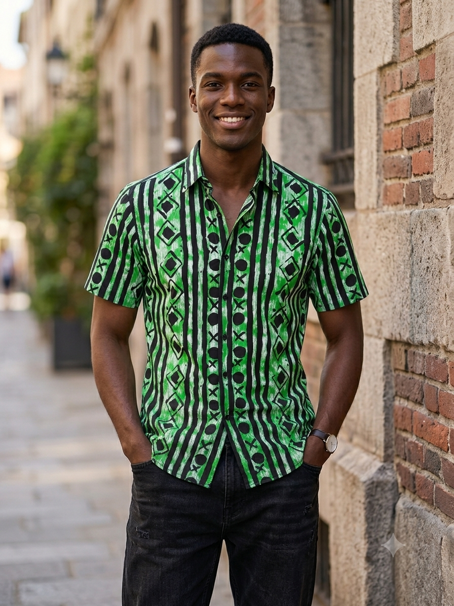 Ankara Stripe Geo Short-Sleeve Shirt – Green