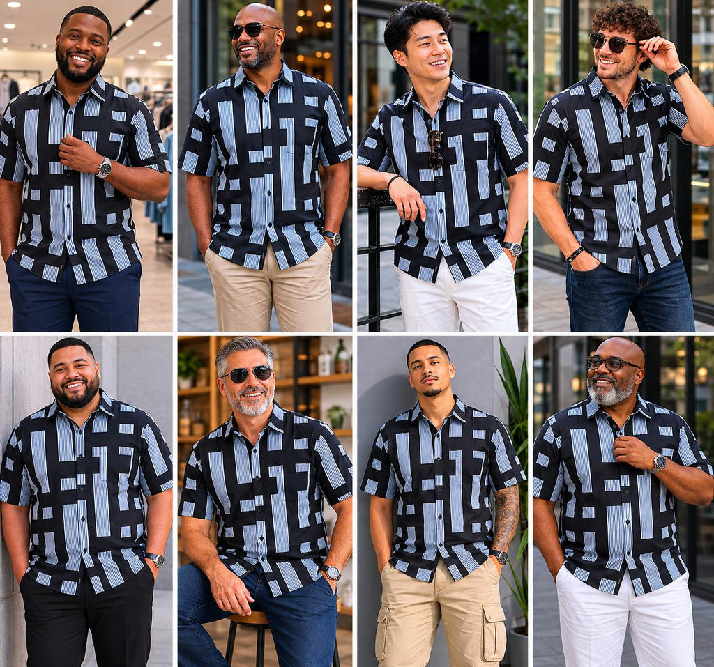 Men's Navy Blue Ankara Geometric Block Stripe Button-Up Shirt