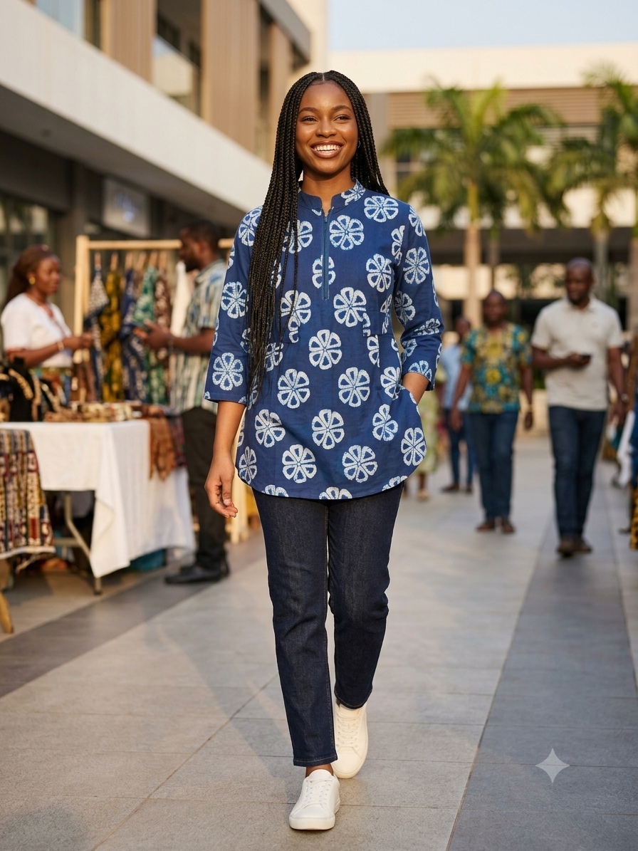 Woman wearing navy blue Adire floral medallion tunic top with dark jeans and white sneakers