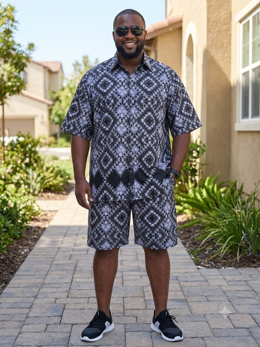 African Print Grey Men's Shirt & Shorts Set