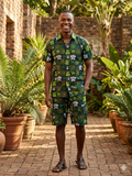 Men's Forest Green Botanical Print Ankara Short Set