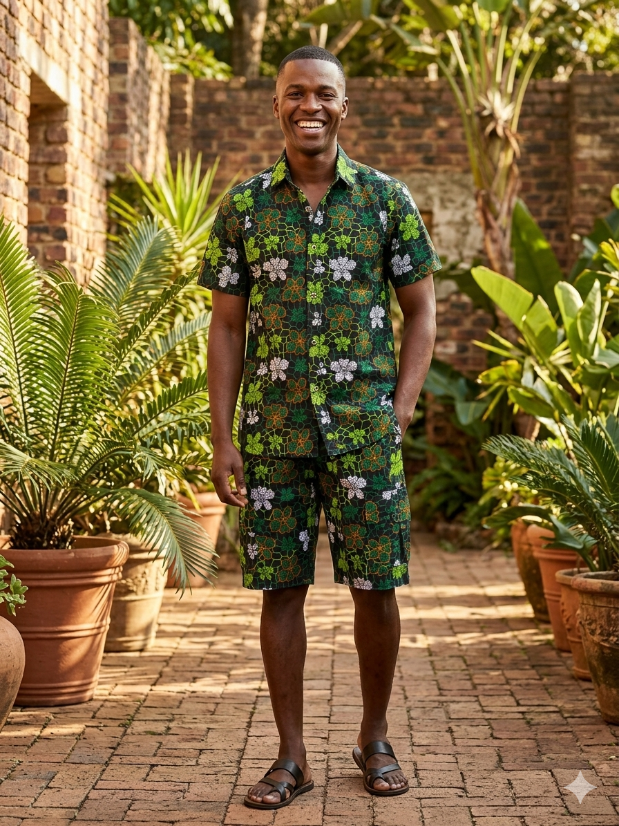 Men's Forest Green Botanical Print Ankara Short Set