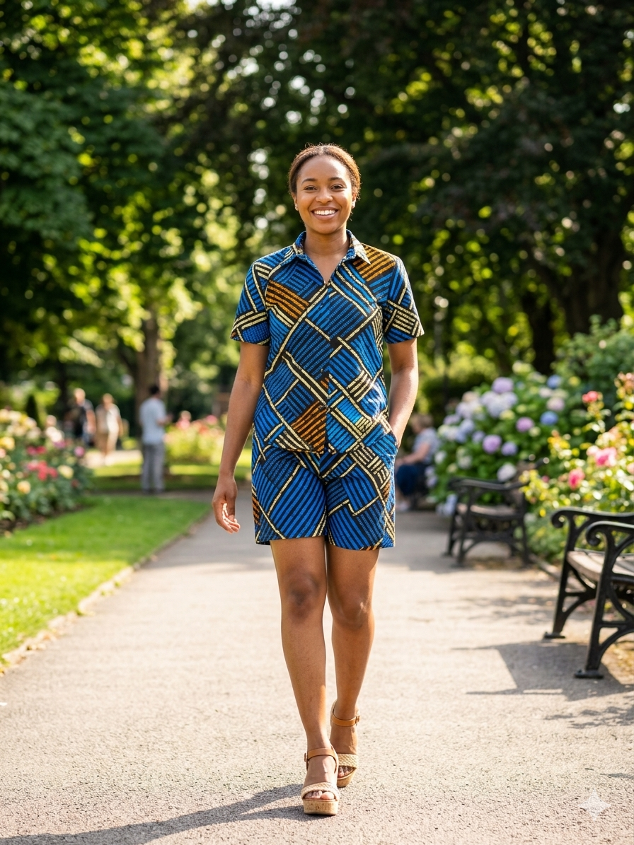 Ankara Blue Diagonal Stripe Patchwork Women's Shorts and Top Set