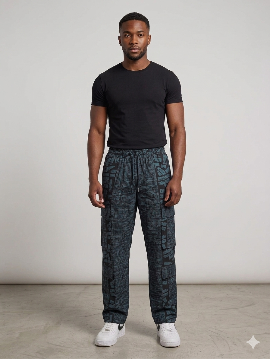 Ankara Burnt Blue Mosaic Block Print Men's Cargo Pants