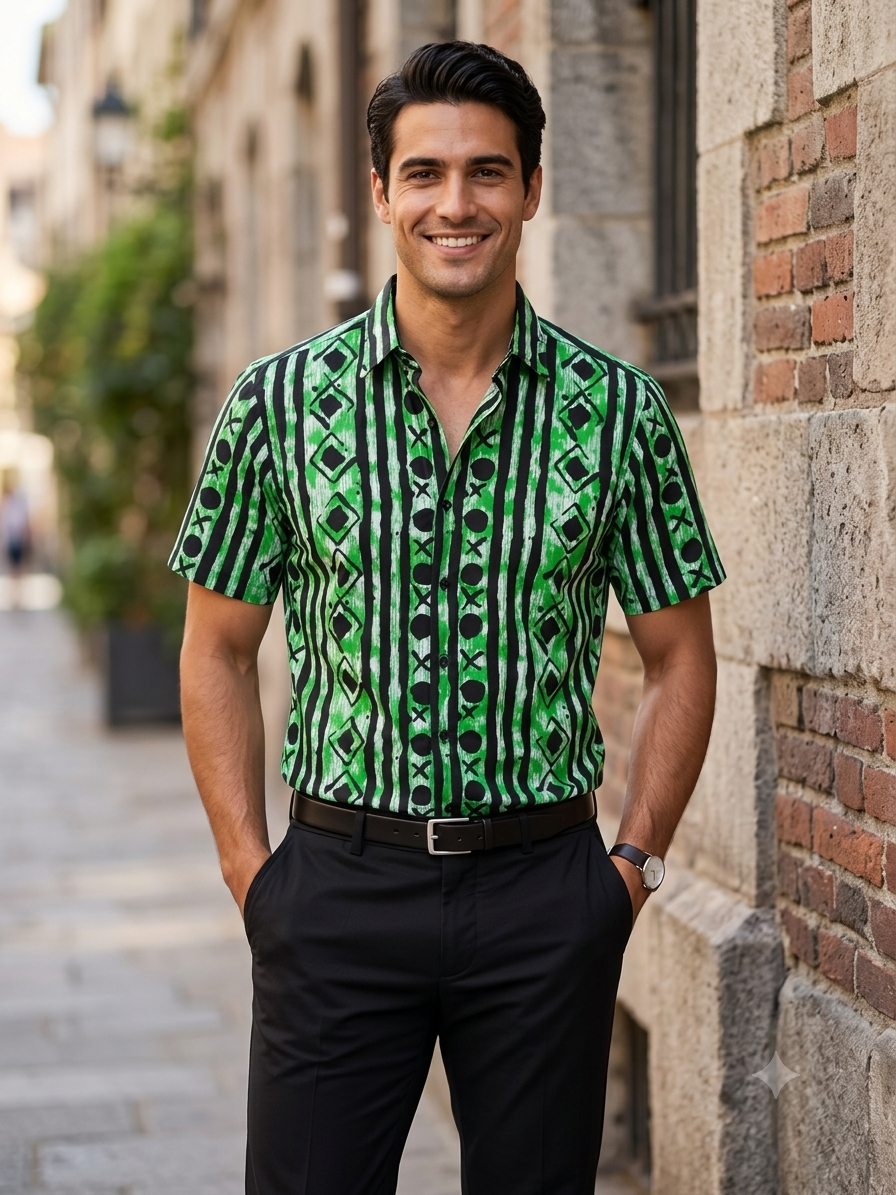 Ankara Stripe Geo Short-Sleeve Shirt – Green