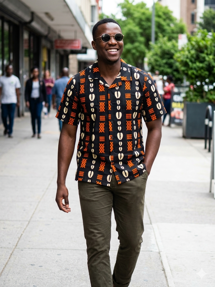 Men's Ankara Cowrie Shell Print Camp Collar Shirt