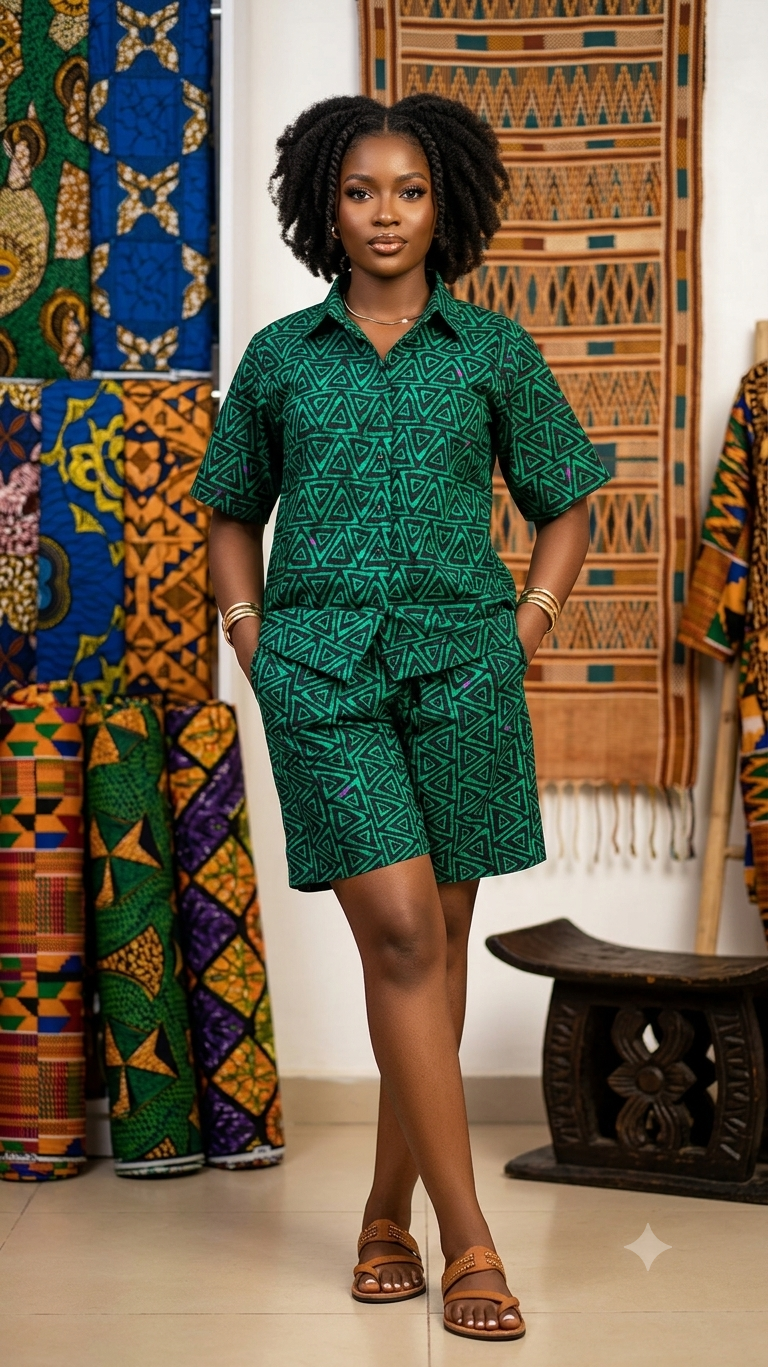 Ankara Green Geometric Triangle Print Women's Shorts and Top Set