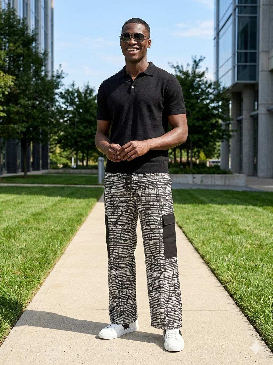 Ankara Grey White Abstract Line Men's Cargo Pants