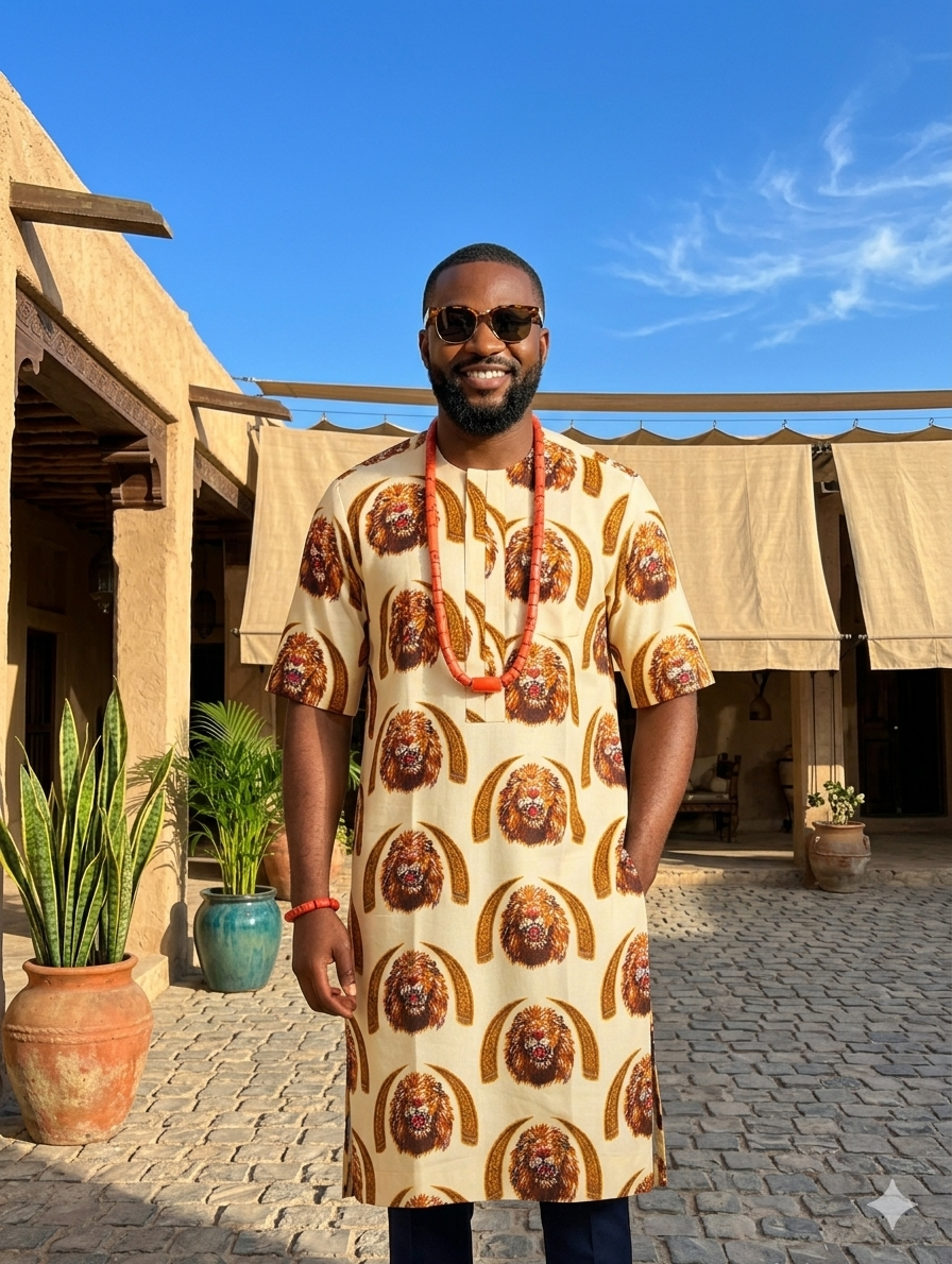 Cream Lion Head with Tusk Isiagu Top – Long Length