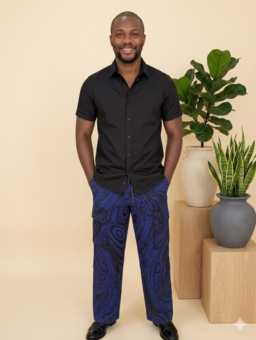 Ankara Navy Blue Swirl Wave Men's Cargo Pants