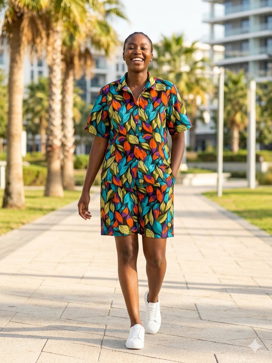 Ankara Leaf Print Women's Shorts and Shirt Set