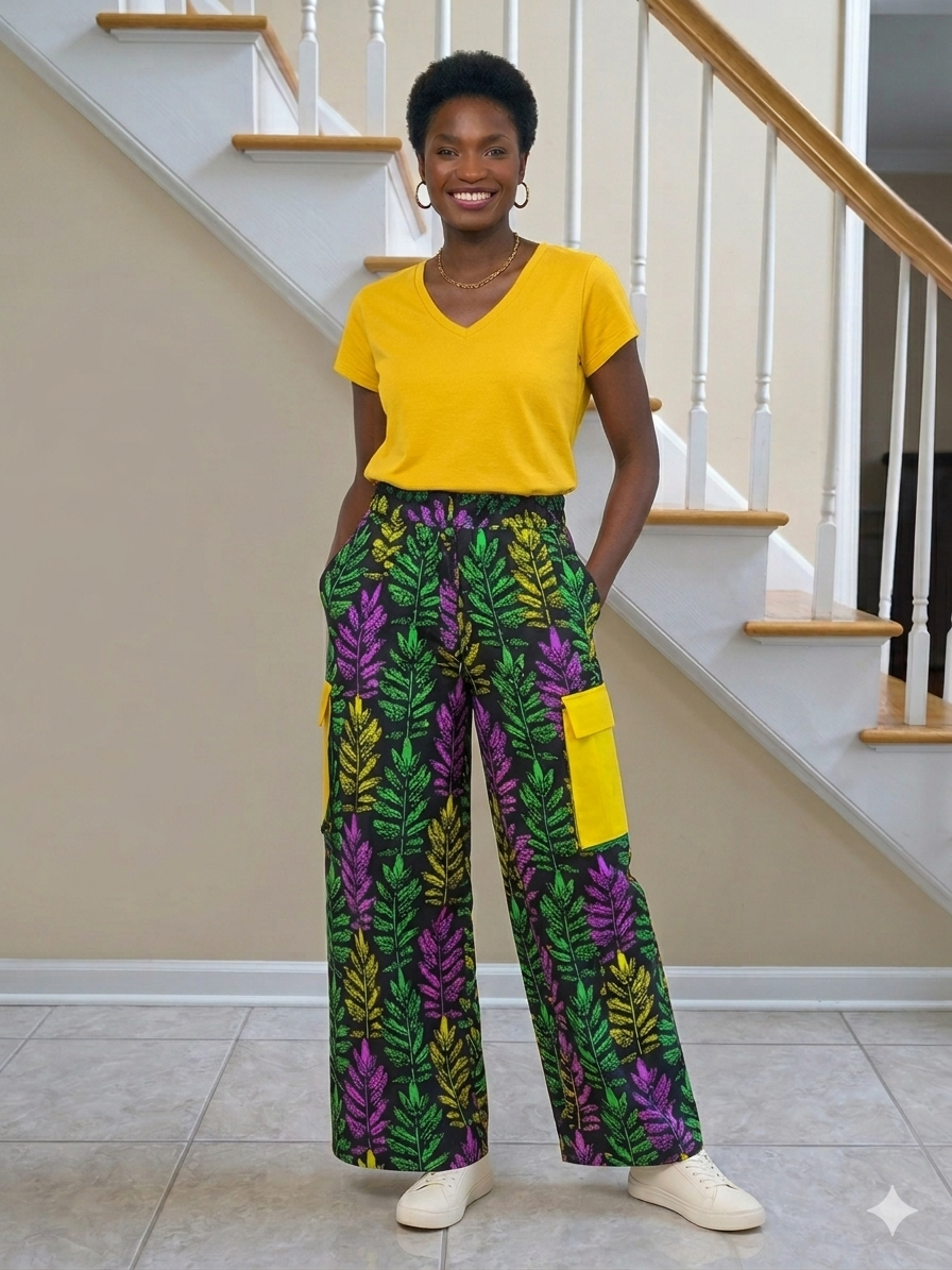 Women's Tropical Leaf Print Wide-Leg Cargo Pants