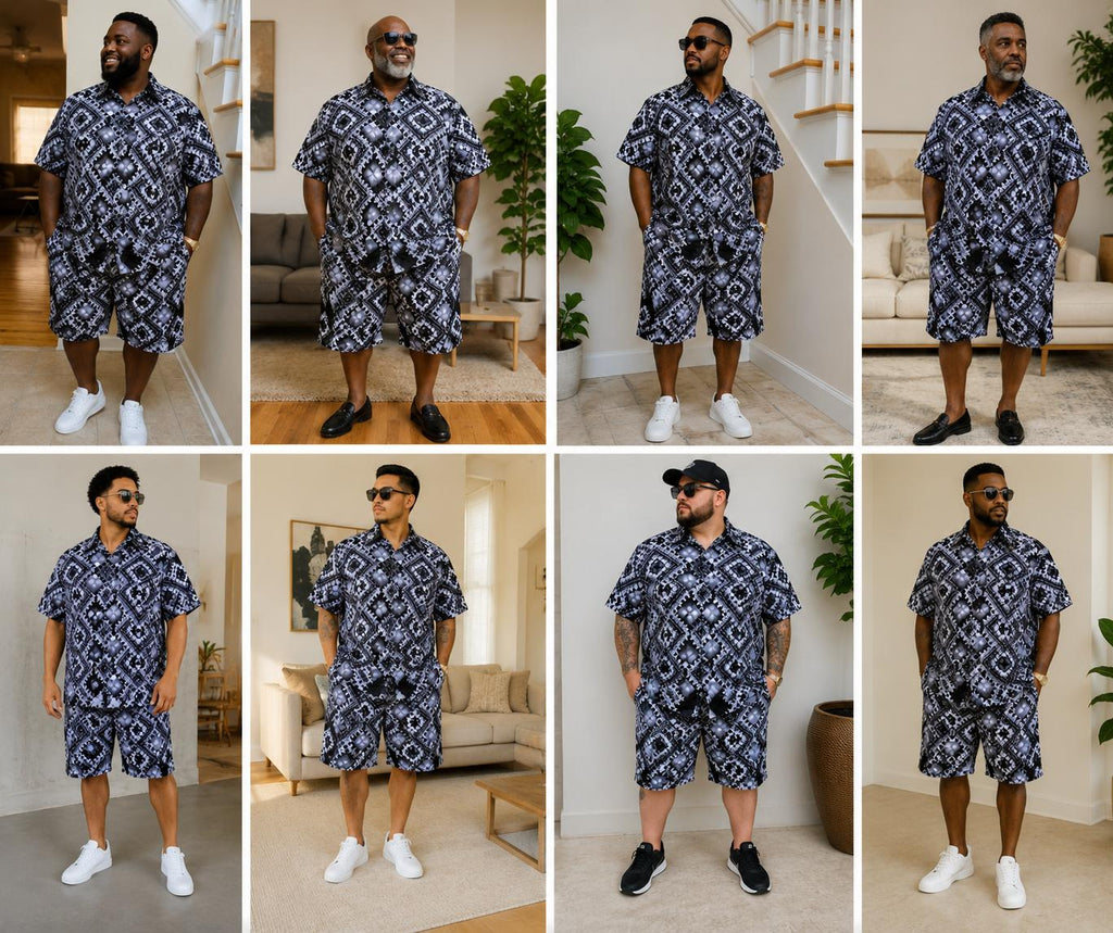 African Print Grey Men's Shirt & Shorts Set