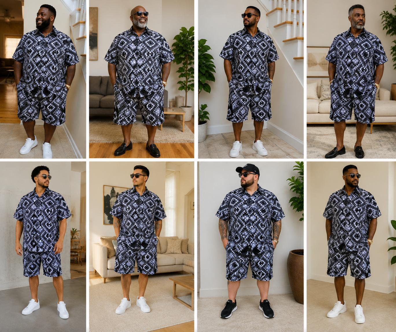 African Print Grey Men's Shirt & Shorts Set