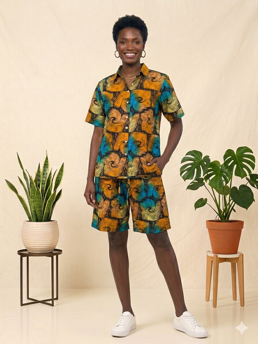 Ankara Amber Teal Swirl Wave Women's Shorts and Top Set