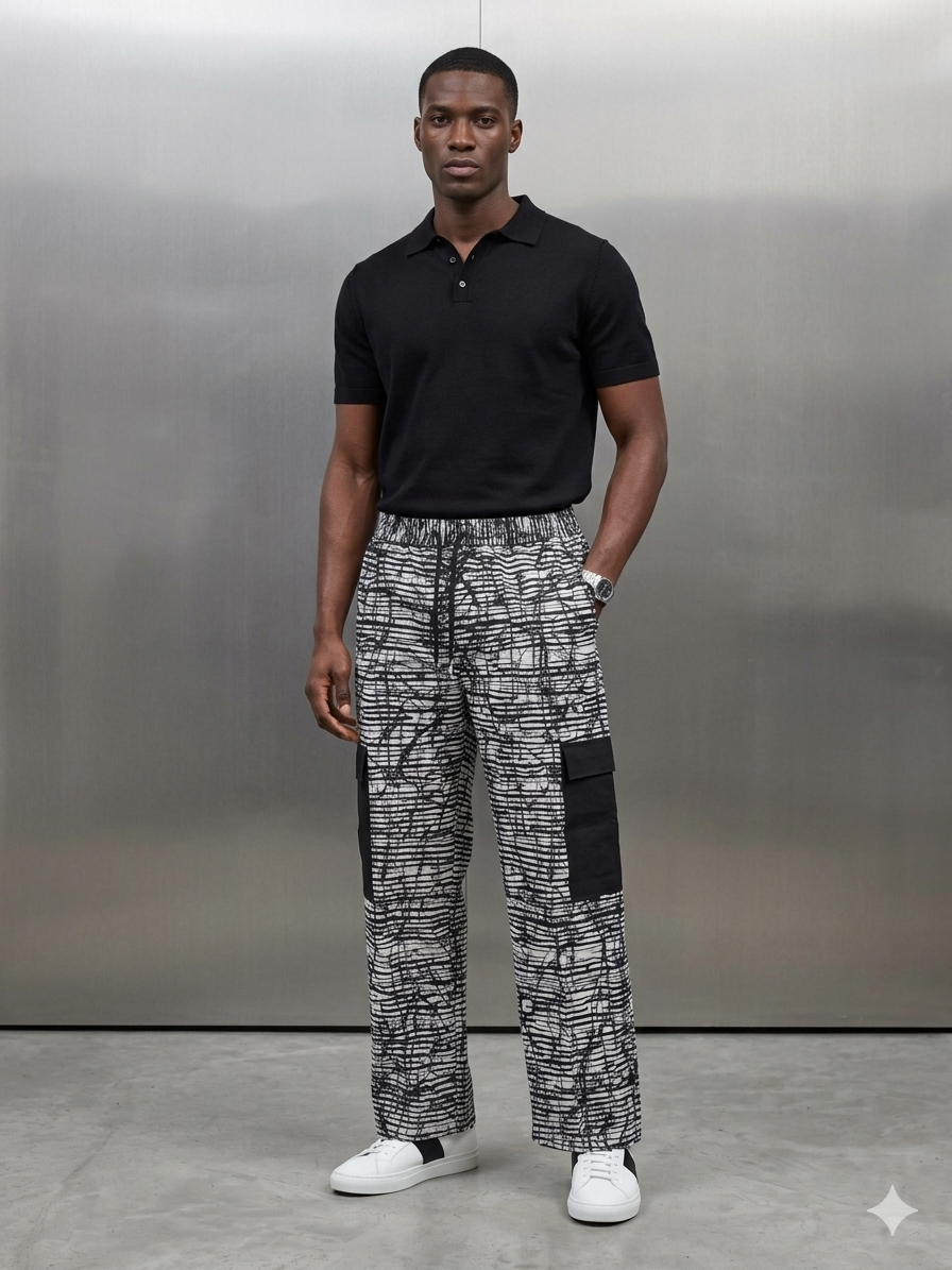 Ankara Grey White Abstract Line Men's Cargo Pants