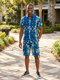 Men's Royal Blue Geometric Patchwork Ankara Short Set