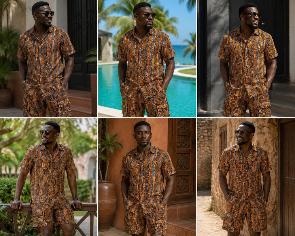 African Print Orange Men's Shirt & Shorts Set