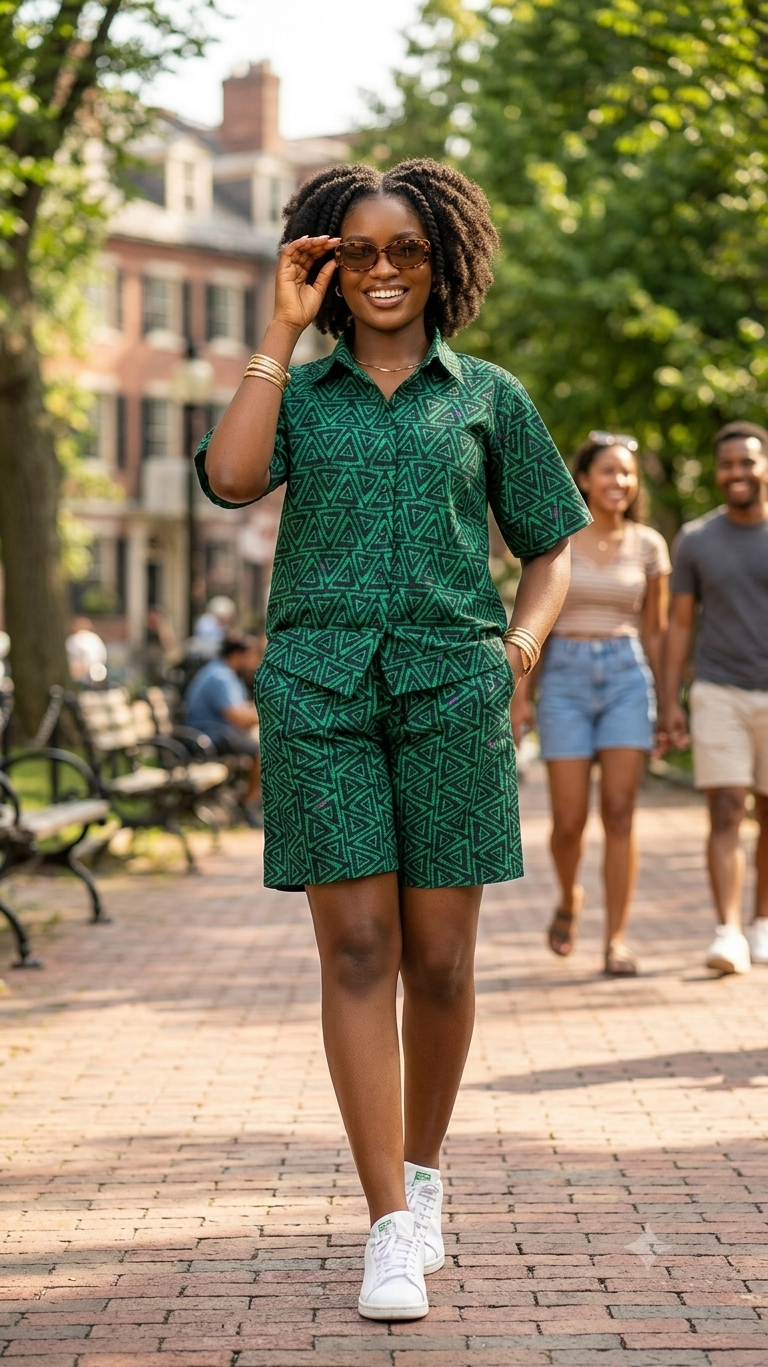Ankara Green Geometric Triangle Print Women's Shorts and Top Set