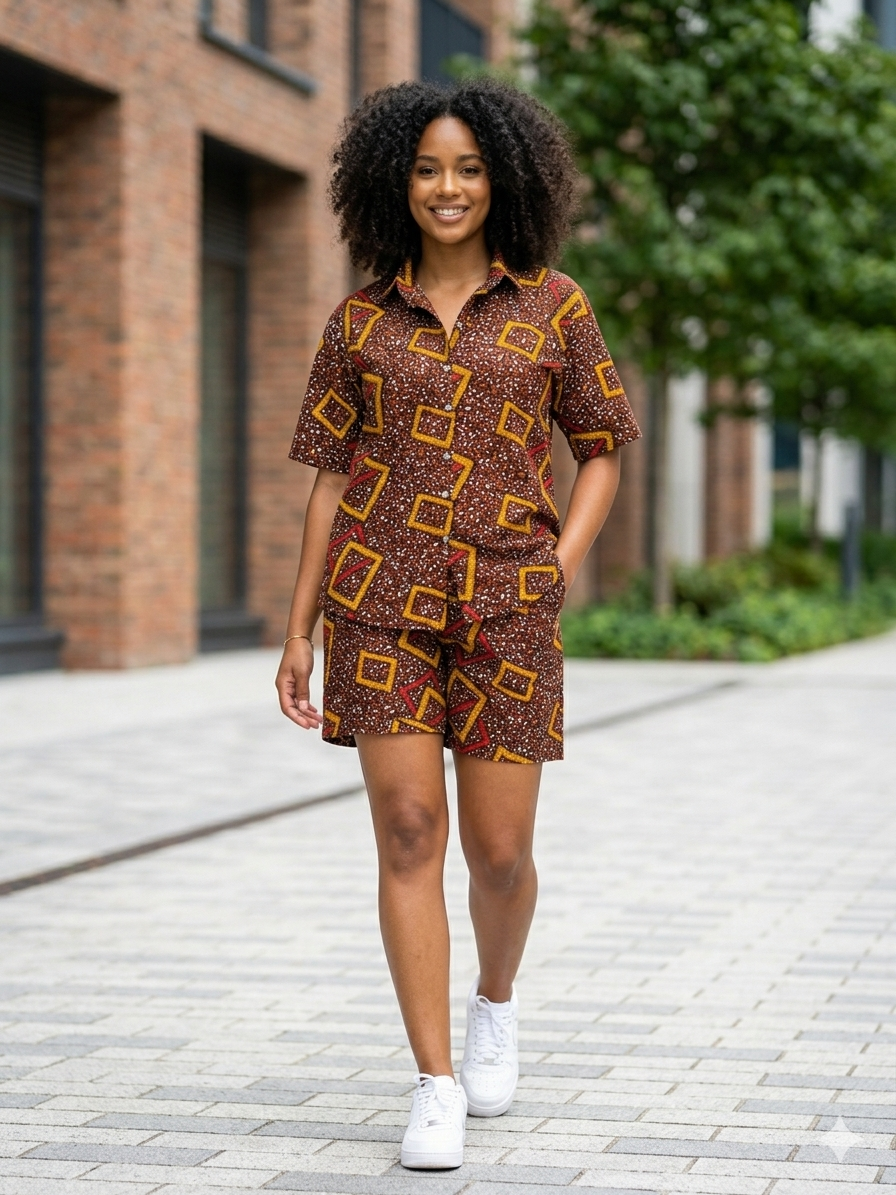 Ankara Geometric Square Print Women's Shorts and Top Set