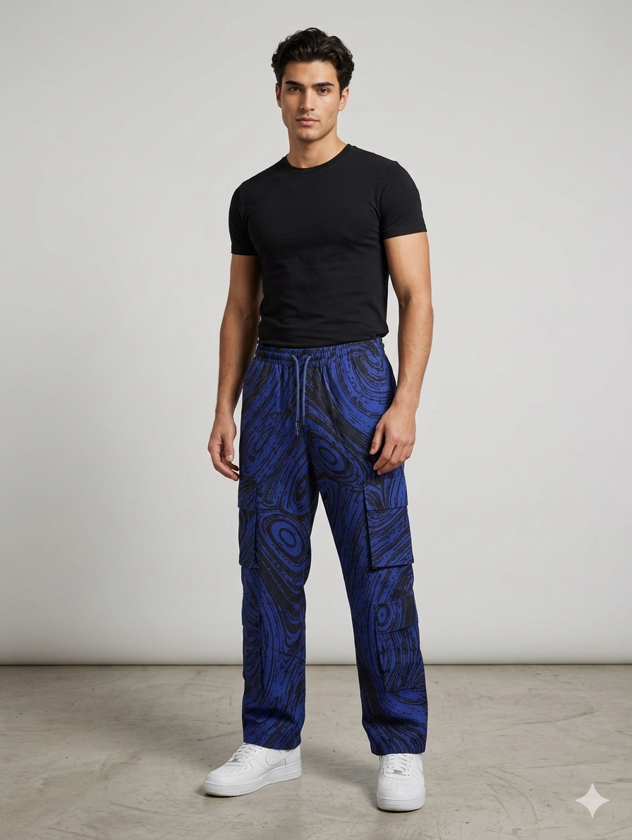 Ankara Navy Blue Swirl Wave Men's Cargo Pants