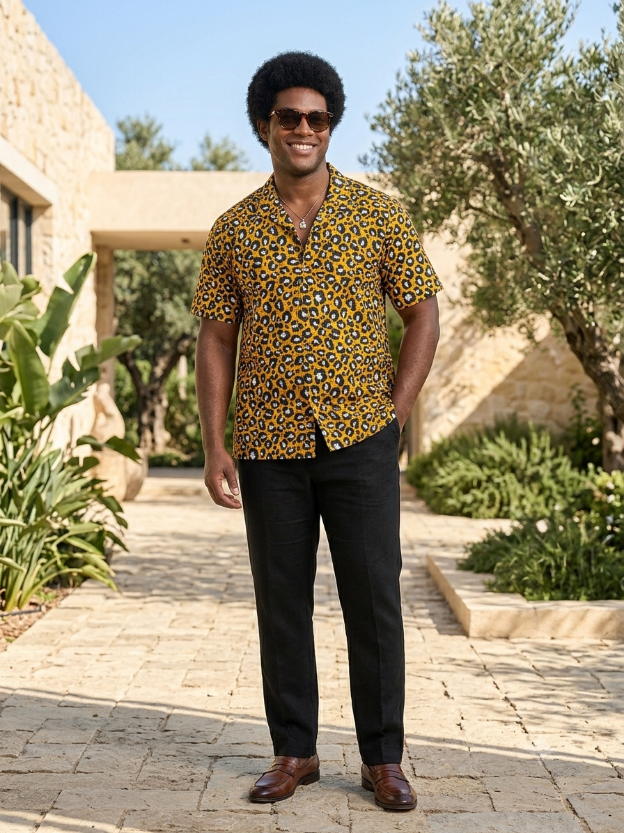 Ankara Leopard Print Camp Collar Shirt