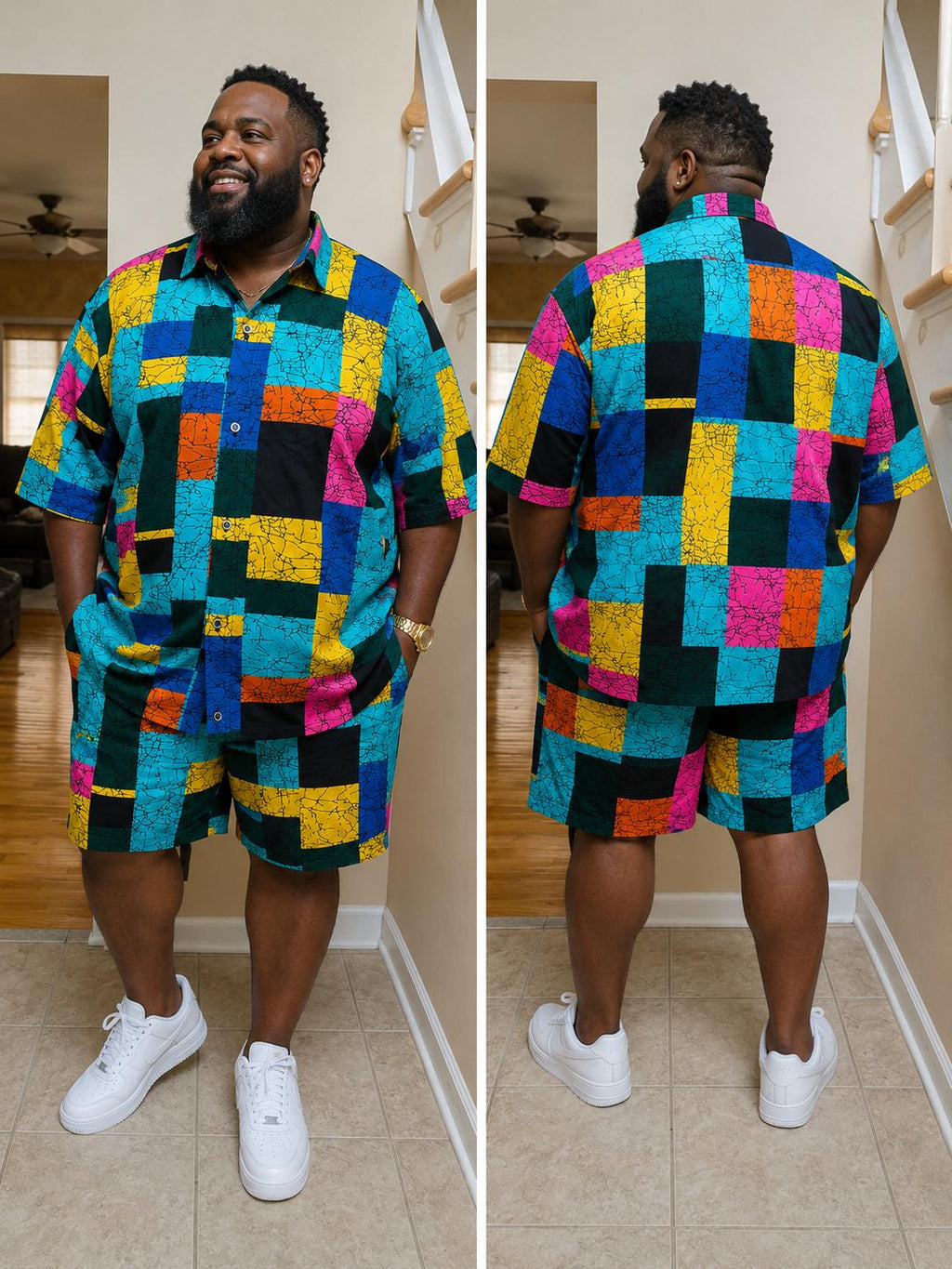 African Block Print Men's Shirt & Shorts Set