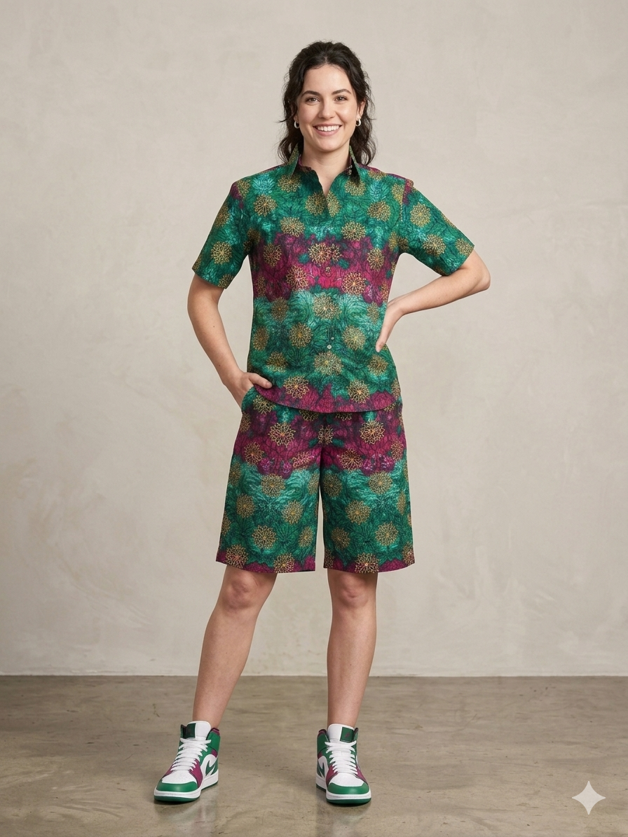 Ankara Green Magenta Floral Sunburst Women's Shorts and Top Set